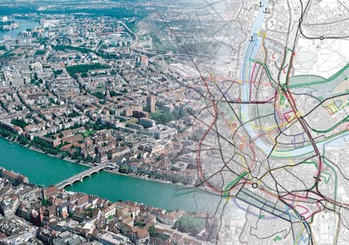 Luftbild Innenstadt mit Ausschnitt Richtplan.